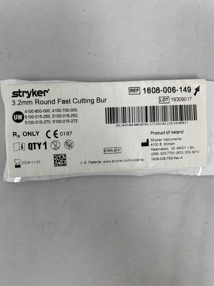 1608-006-149 - STRYKER - Round Stainless Steel Fast Cutting Burr, 3.2 mm Head Diame, (EA) - ( Expiry Date: 2024-11-01 )