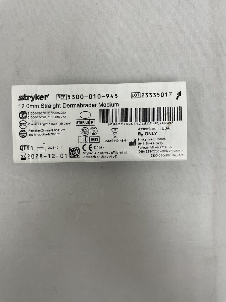 5300-010-945  -  STRYKER  -  Dermabrader 12mm x 49mm Straight Medium , ( EA )  -  ( Expiry Date : 2028-12-01 )