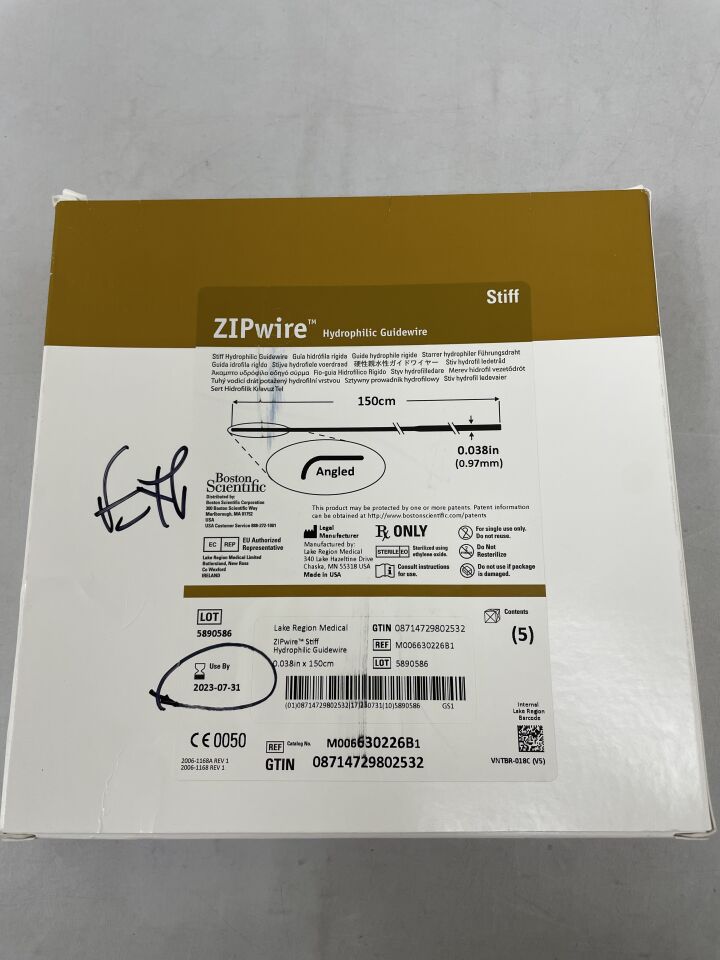630226B - BOSTON SCIENTIFIC - ZIPwire HYDROPHOLIC GUIDEWIRE, stiff, angled, 0.025inch diameter x 150cm, (BX/5) - ( Expiry Date: 2023-07-31 )