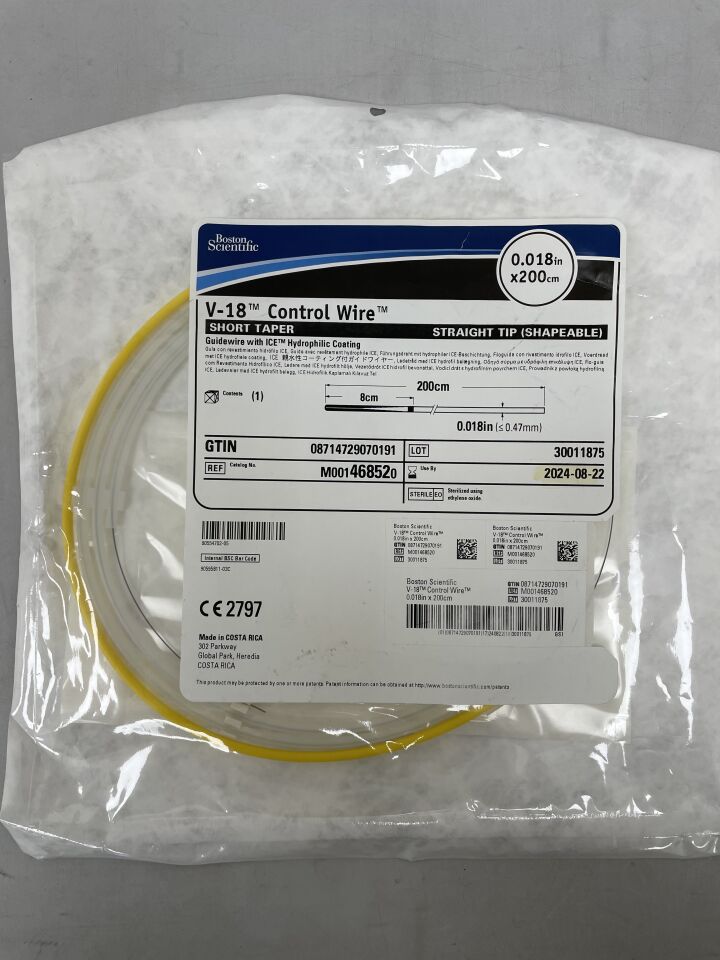 46852 - BOSTON SCIENTIFIC - V-18 Control Wire Guidewire with ICE Hydrophilic Coating, Short Taper, Straight Tip (Shapeable), 0.018" x 200cm, (EA) - ( Expiry Date: 2024-08-22 )