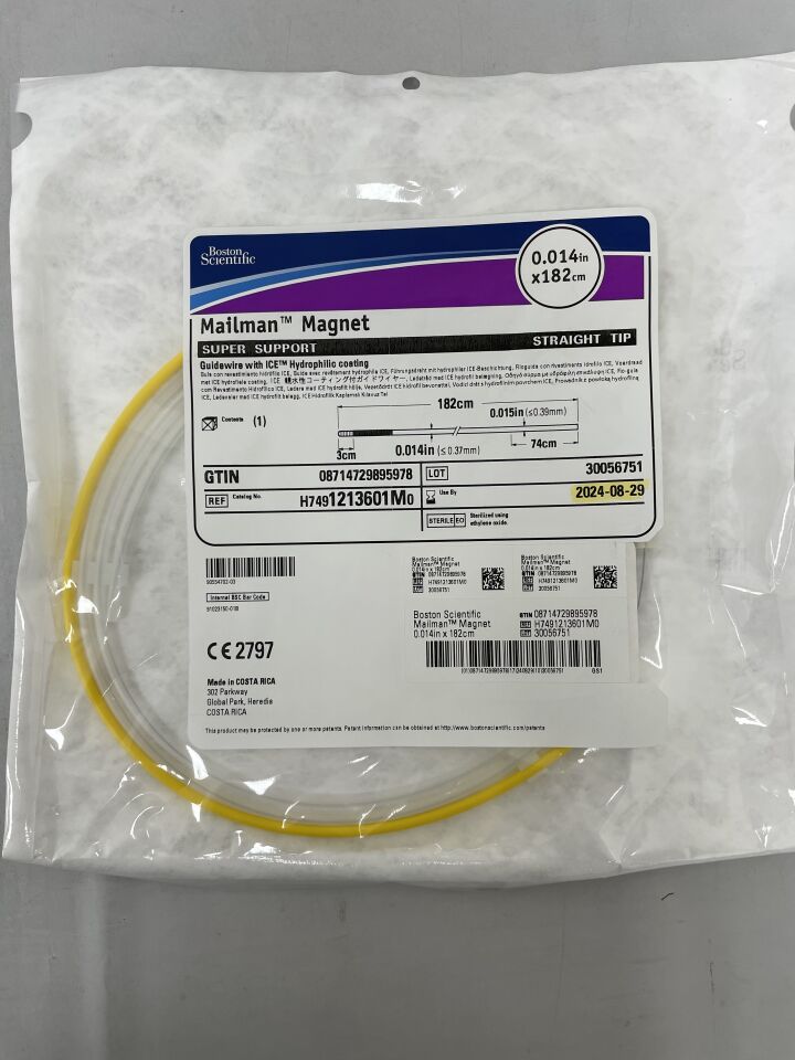 1213601M - BOSTON SCIENTIFIC - Mailman Magnet SUPER SUPPORT Guidewire with ICE Hydrophilic coating 0.014in/182cm , (EA) - ( Expiry Date: 2024-08-29 )