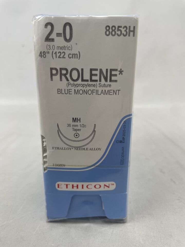8853H - ETHICON - PROLENE 聚丙烯縫合線，錐形尖端，不可吸收，MH 36mm / MH ½ 圓，藍色單絲 36" = 90cm，規格：2-0，（BX/36）-（有效期至：2025-03-31）