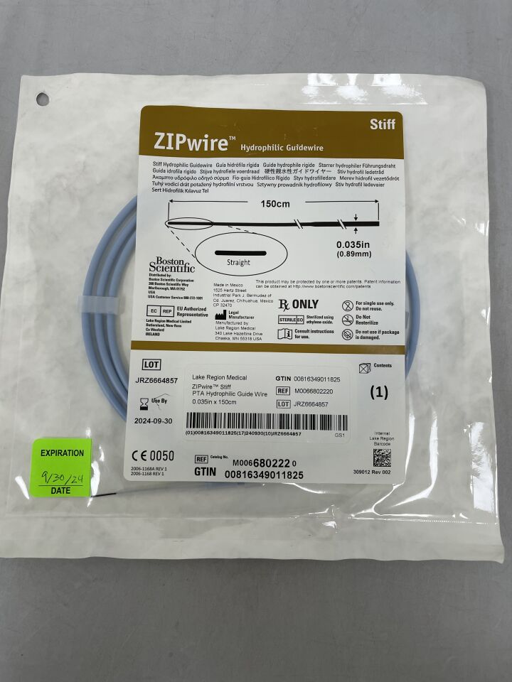 680222 - BOSTON SCIENTIFIC - ZIPwire Hydrophilic Guidewire Straight Stiff 150cm, () - ( Expiry Date: 2024-09-30 )
