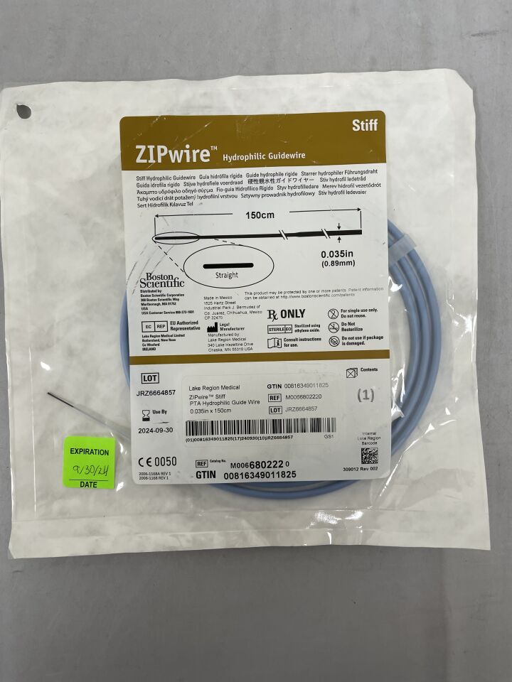 680222 - BOSTON SCIENTIFIC - ZIPwire Hydrophilic Guidewire - Stiff, Straight - .035" x 150cm, () - ( Expiry Date: 2024-09-30 )