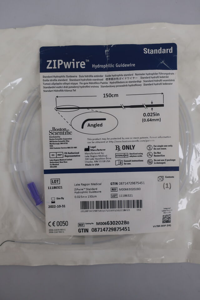 630202B - BOSTON SCIENTIFIC - ZIPwire Hydrophilic Coated Straight Tip Standard Shaft Guidewire, 0.025 in. dia. x 150 cm Length, (EA) - ( Expiry Date: 2023-12-31 )