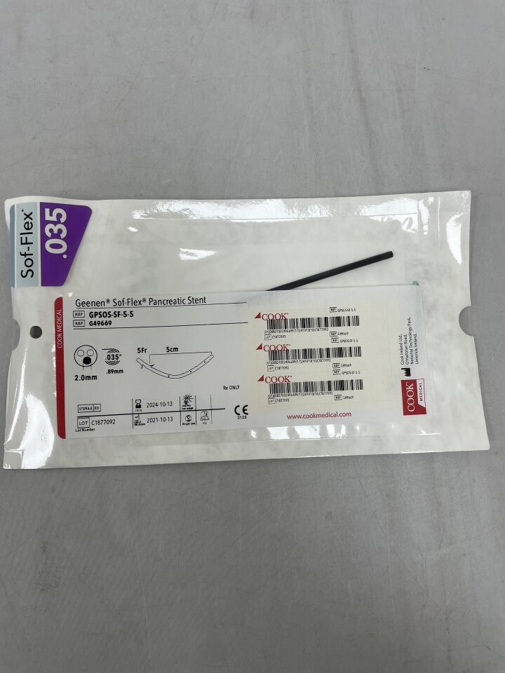 G49669 - COOK - Geenen Sof-Flex Pancreatic Stent, No Flap 5F x 5cm, (EA) - ( Expiry Date: 2024-10-13 )