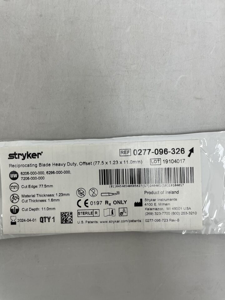 0277-096-326 - STRYKER - Reciprocating Blade, Heavy Duty, Offset 77.5mm x 11mm x 1., (EA) - ( Expiry Date: 2024-04-01 )