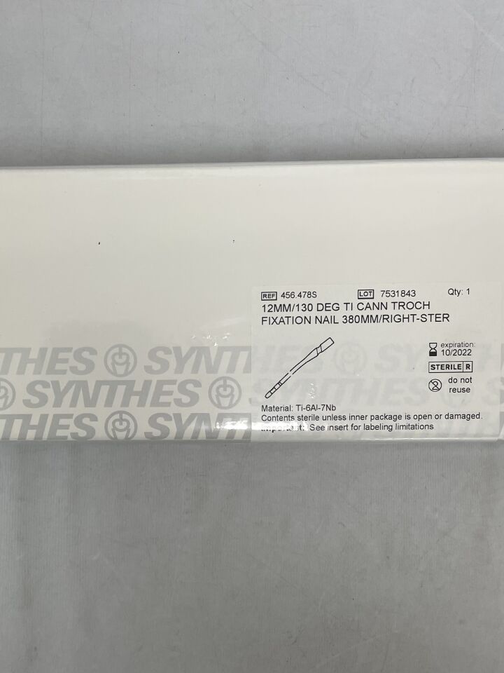 456.478S - SYNTHES - Titanium Alloy Right Cannulated Trochanteric Fixation Nail, 12 x 380mm, (BX/1) - ( Expiry Date: 2022-10-31 )