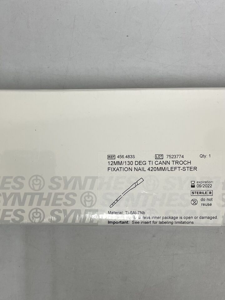 456.483S - SYNTHES - Titanium Alloy Left Cannulated Trochanteric Fixation Nail, 12 x 420mm, (BX/1) - ( Expiry Date: 2022-09-30 )