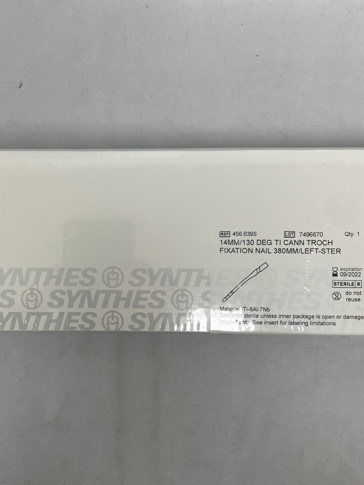456.639S - SYNTHES - Titanium Alloy Left Cannulated Trochanteric Fixation Nail, 14 x 380mm, (BX/1) - ( Expiry Date: 2022-09-30 )