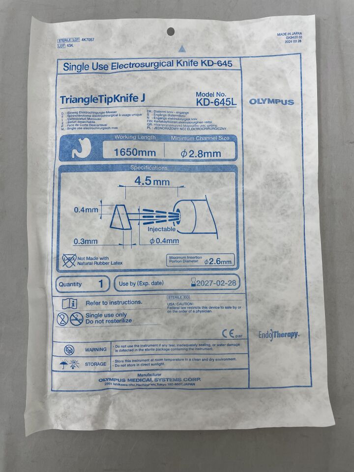 KD-645L  -  OLYMPUS  -  Electrosurgical Triangle Tip Knife J 2.8mm x 165cm  , ( EA )  -  ( Expiry Date : 2027-02-28 )