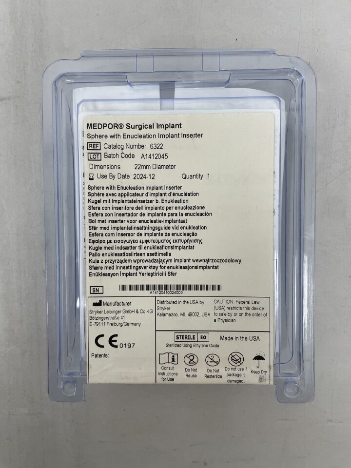 6322 - STRYKER - Medpor Surgical Implant, Sphere with Enucleation Implant Inserter, 22mm, () - ( Expiry Date: 2024-12-07 )