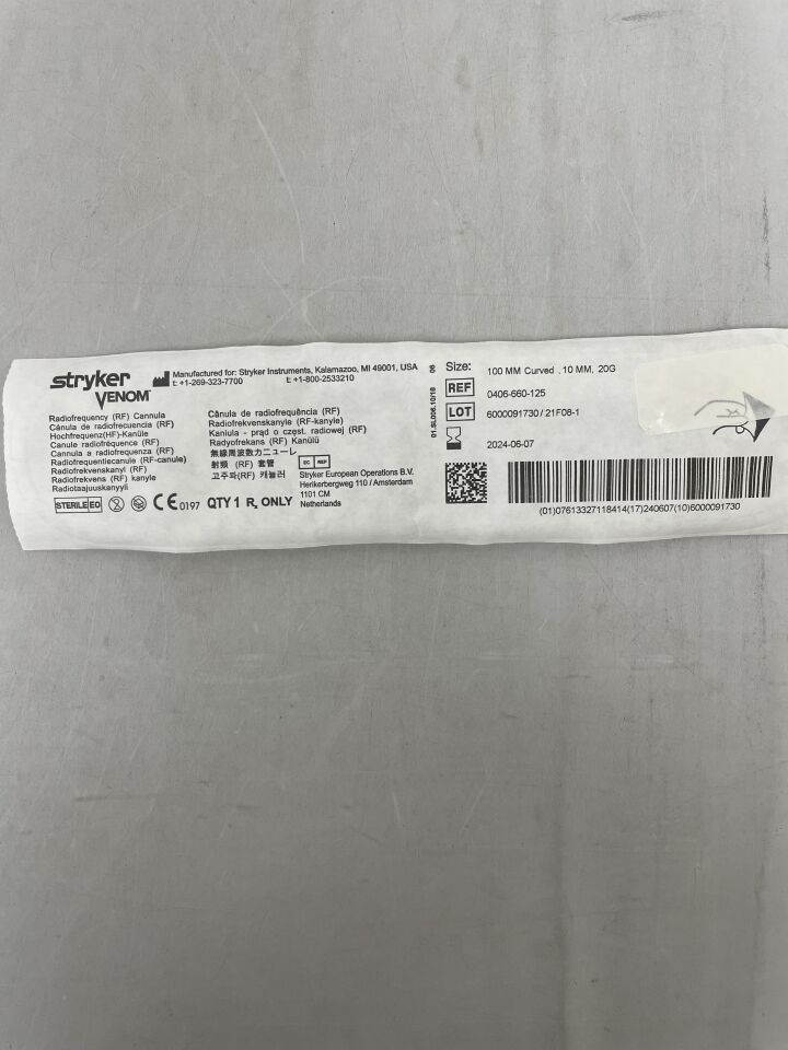 0406-660-125 - STRYKER - Venom RF Cannula, HF-Surgery, 20G x 100mm, 10mm Tip, Curve, (EA) - ( Expiry Date: 2024-06-07 )