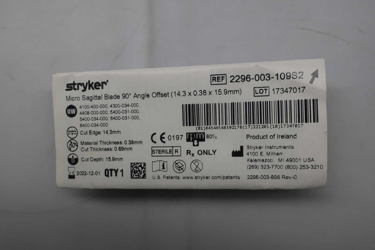 2296-003-109S2 - STRYKER - Right Angle Bend Micro Sagittal Saw Blade, 15.9 L x 14.3 m, (EA) - ( Expiry Date: 2022-11-01 )