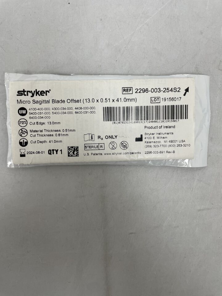 2296-003-254S2 - STRYKER - Micro Sagittal Blade Offset 13mm x 41mm x 0.51mm, (EA) - ( Expiry Date: 2024-06-01 )