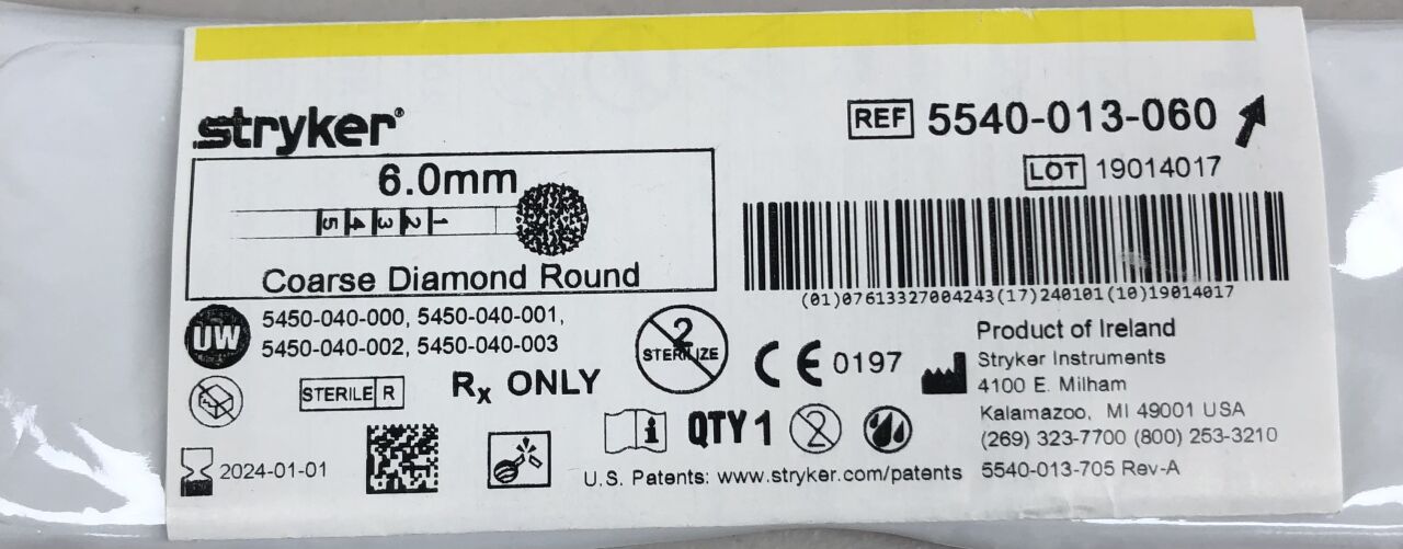 5540-013-060 - STRYKER - Round Coarse Diamond Bur, 6.0mm, (EA) - ( Expiry Date: 2024-08-01 )