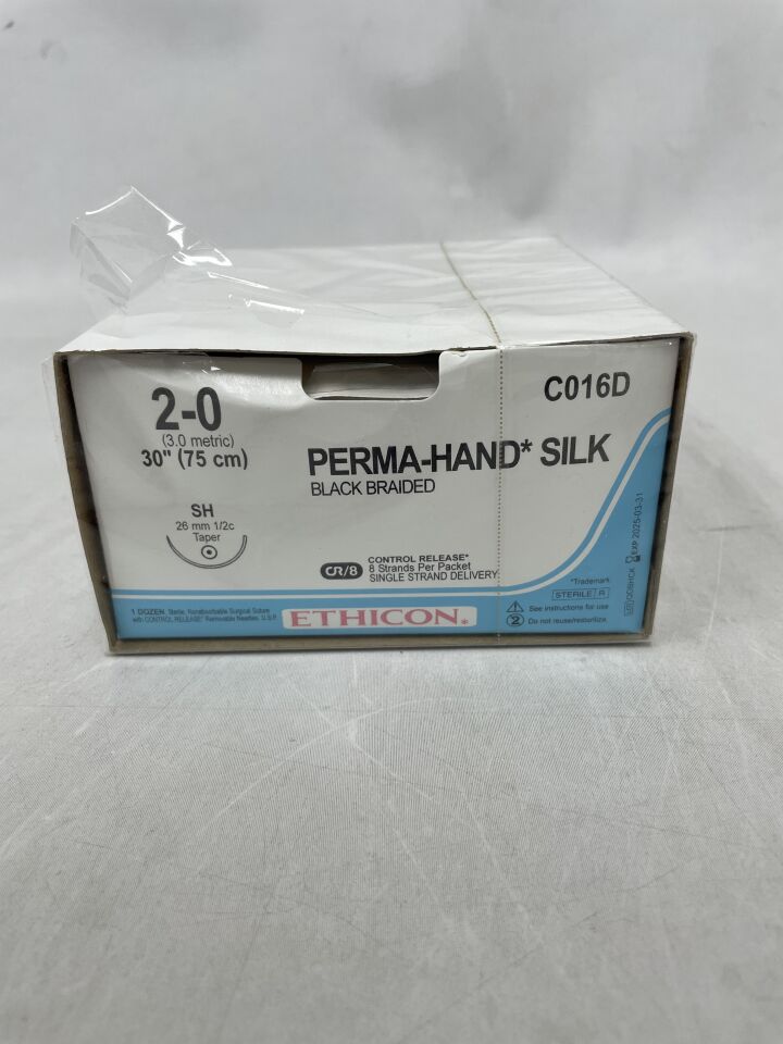 C016D - ETHICON - Perma-Hand 不可吸收編織絲線，2-0 號，30 英吋長，SH 針，（盒/12）-（有效期至：2025-03-31）