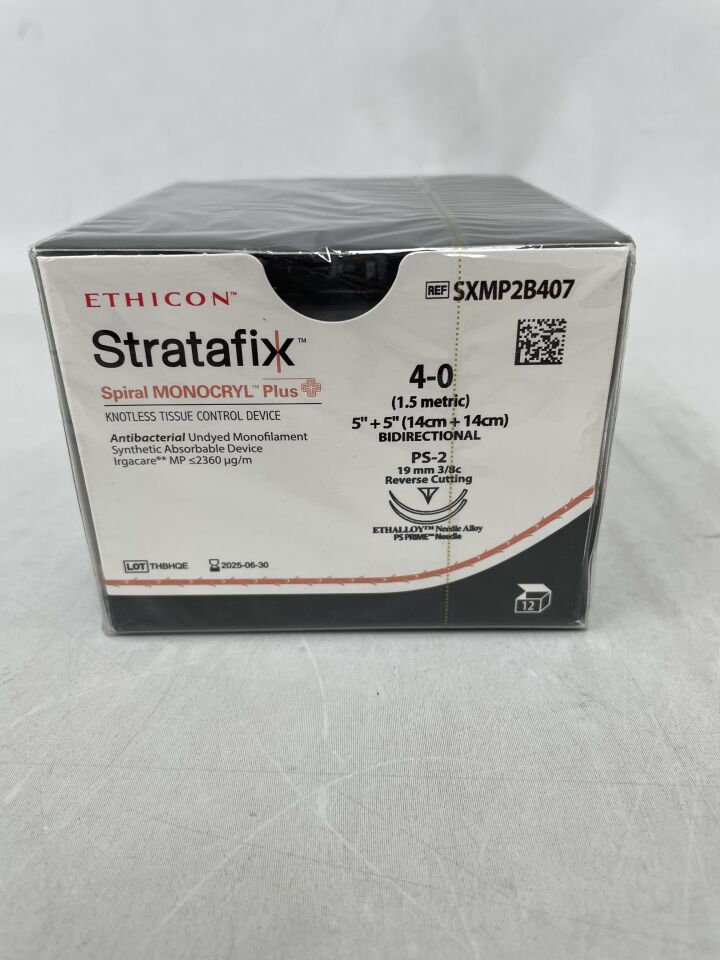 SXMP2B407 - ETHICON - STRATAFIX SPIRAL MONOCRYL PLUS，4-0號，未染色，針頭 PS-2，14厘米 x 14厘米，（12支裝）-（有效期至：2025年6月30日）