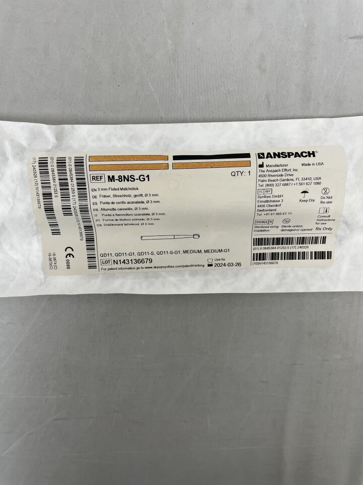 M-8NS-G1 - ANSPACH - 3 mm Fluted Matchstick.Use with MEDIUM-G1, QD11-G1, MEDIUM, QD11, QD11-S Attachments., (EA) - ( Expiry Date: 2024-03-26 )
