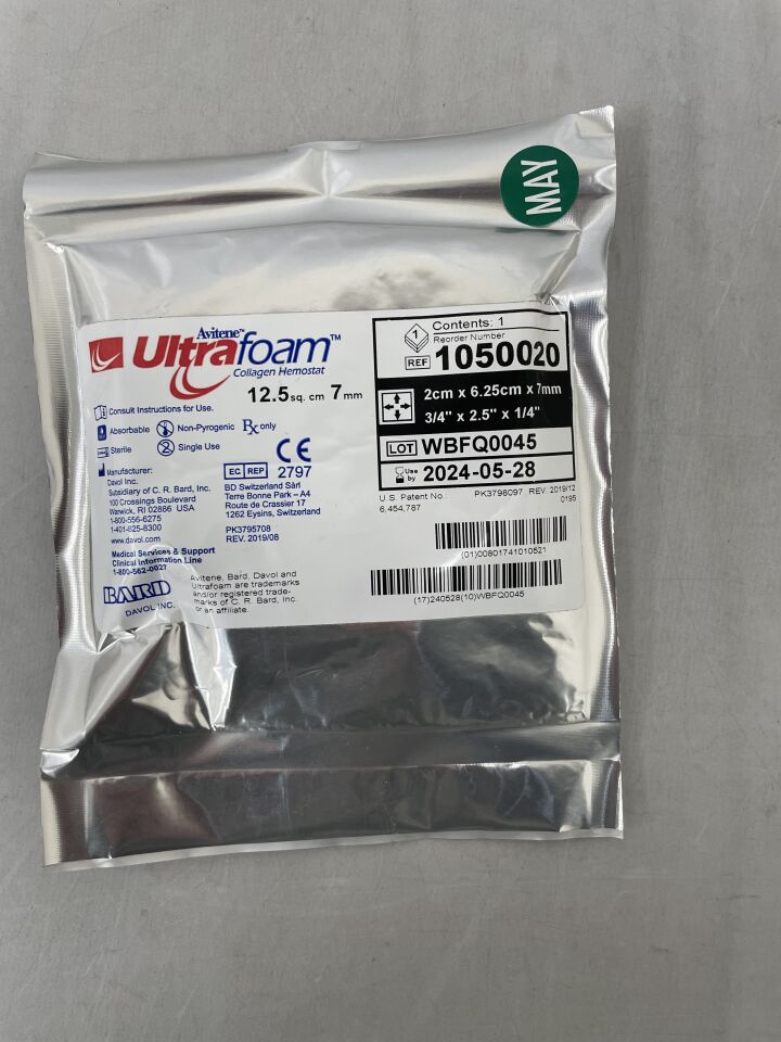 1050020 - BARD - Avitene UltraFoam Collagen Hemostat (12.5 sq cm) 2cm x 6.25cm x 7mm, () - ( Expiry Date: 2024-05-28 )