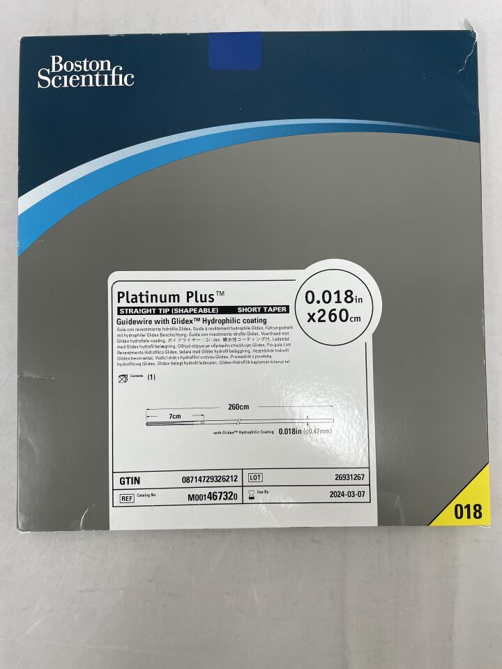46732 - BOSTON SCIENTIFIC - Platinum Plus Straight Tip (Shapeable) Guidewire w/ Glidex Hydrophilic Coating 0.018in x 260cm, (BX/1) - ( Expiry Date: 2024-03-07 )