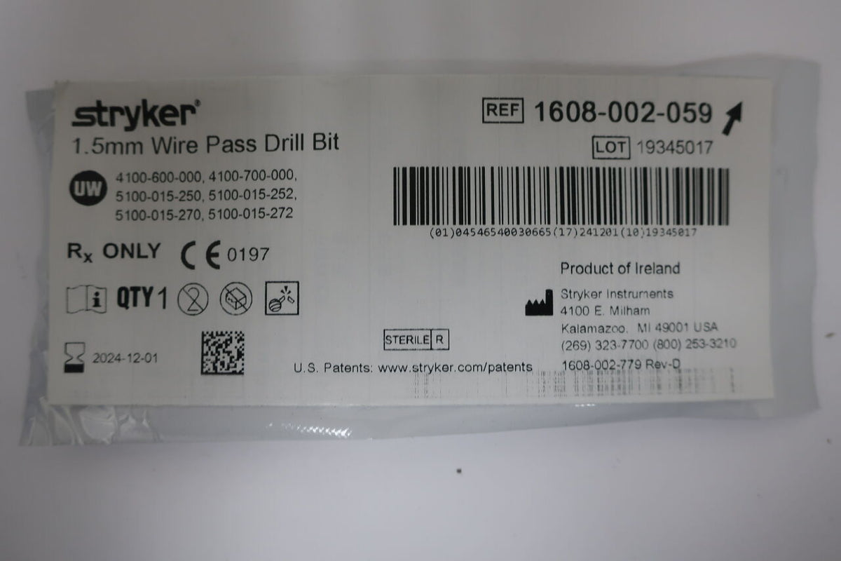 1608-002-059 - STRYKER - Stainless Steel Wire Pass Drill Micro Burr, 1.5 dia. x 6.9, (EA)