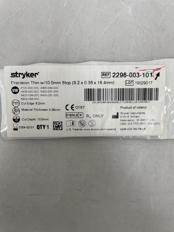2296-003-101 - STRYKER - Precision Thin Blade w/10mm ACL Stop 9.2mm x 0.38mm, (EA) - ( Expiry Date: 2024-02-01 )
