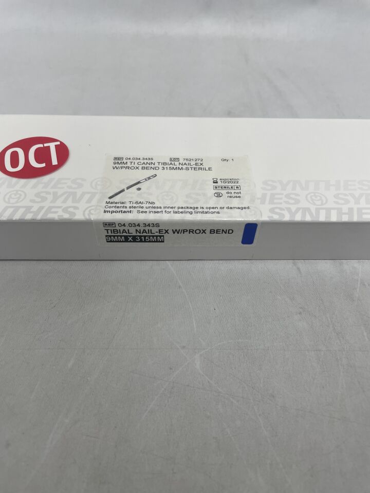 04.034.343S - SYNTHES - Cannulated Expert Tibial Nail with Proximal Bend, Dark Blue, 9 x 315mm , (BX/1) - ( Expiry Date: 2022-10-31 )