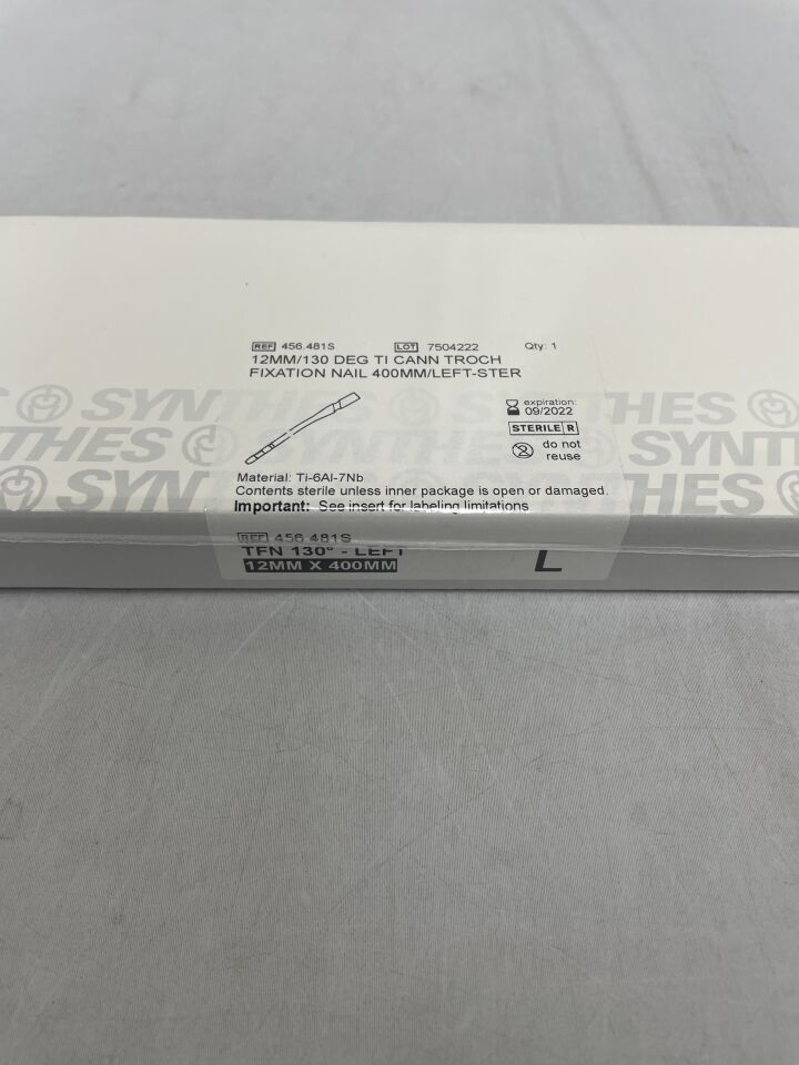 456.481S - SYNTHES - Titanium Alloy Left Cannulated Trochanteric Fixation Nail, 12 x 400mm, (BX/1) - ( Expiry Date: 2022-09-30 )