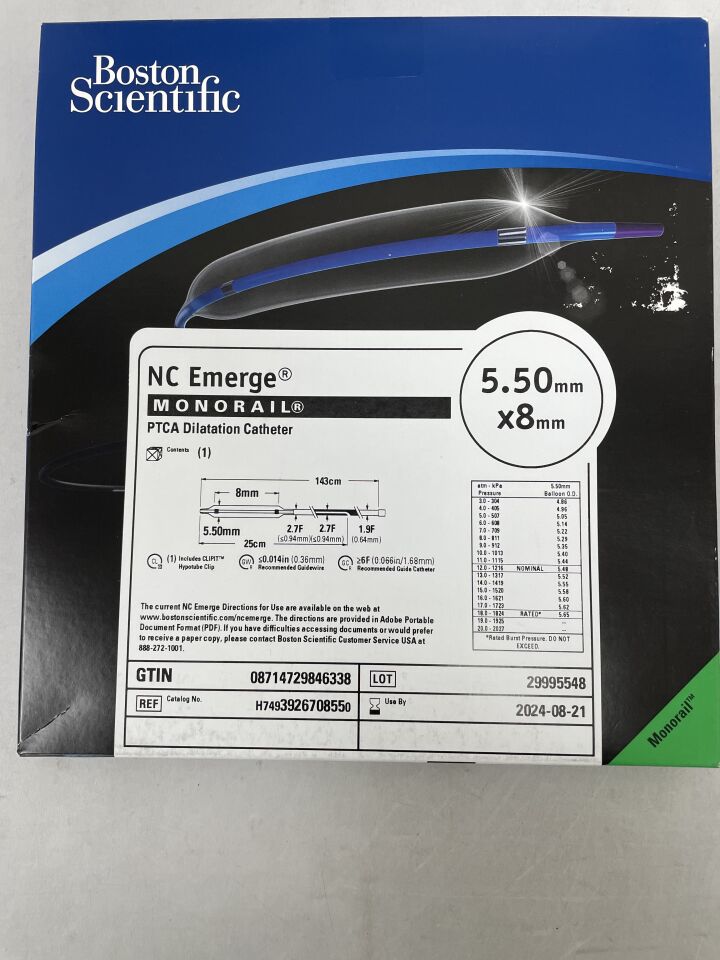 392670855 - BOSTON SCIENTIFIC - NC Emerge Monorail PTCA Dilatation Catheter - 5.50mm x 8mm, (BX/1) - ( Expiry Date: 2024-08-21 )