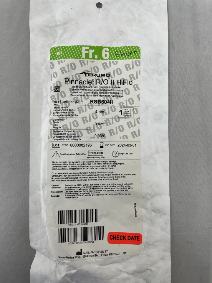 RSB604H - TERUMO - Pinnacle R/O II HiFlo Introducer Sheath 6F x 4cm w/0.035" x 40cm Spring Guidewire, (EA) - ( Expiry Date: 2024-03-01 )