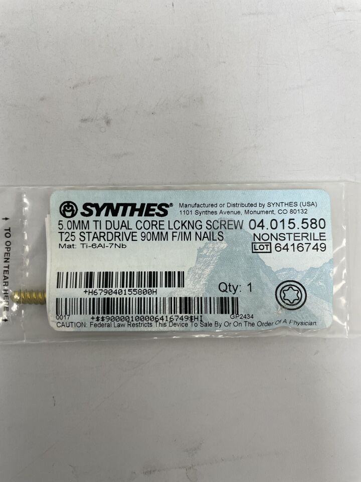 04.015.580 - SYNTHES - Titanium Alloy Dual Core Locking Screw with T25 StarDrive Recess Head, 5 x 90mm, (EA) - ( Expiry Date: 2099-12-31 )