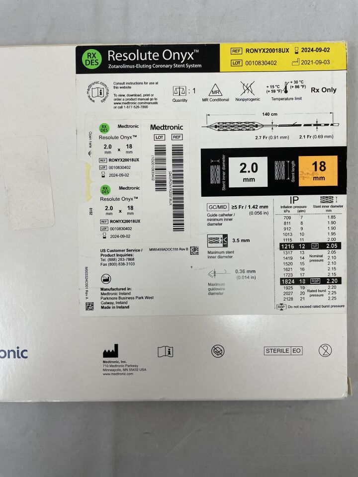RONYX20018UX - MEDTRONIC - Resolute Onyx Zotarolimus-Eluting Coronary Stent System - RX - 2.0mm x 18mm, (BX/1) - ( Expiry Date: 2024-09-02 )