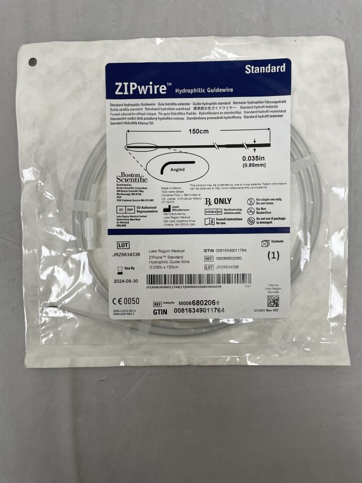 680206 - BOSTON SCIENTIFIC - ZIPwire Hydrophilic Guidewire, Standard, Angled 0.035in x 150cm, () - ( Expiry Date: 2024-09-30 )