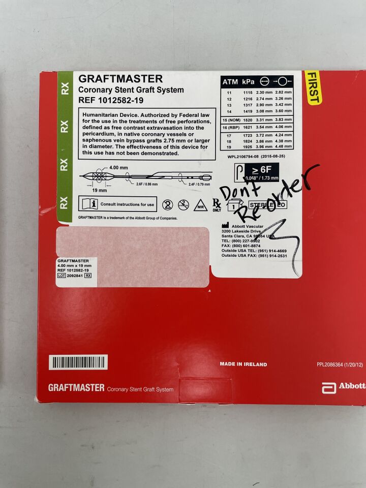 1012582-19 - ABBOTT - GRAFTMASTER RX Coronary Stent Graft System - 4.00mm x 19mm, (BX/1) - ( Expiry Date: 2024-08-31 )
