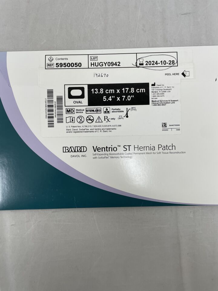 5950050 - BARD - Mesh Ventrio ST Hernia Patch, Large Oval 13.8cm x 17.8cm, (BX/1) - ( Expiry Date: 2024-10-28 )