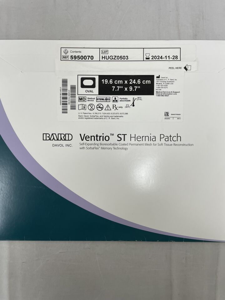 5950070 - BARD - Mesh Ventrio ST Hernia Patch, Extra Large Oval 19.6cm x 24.6cm
, (BX/1) - ( Expiry Date: 2024-11-28 )