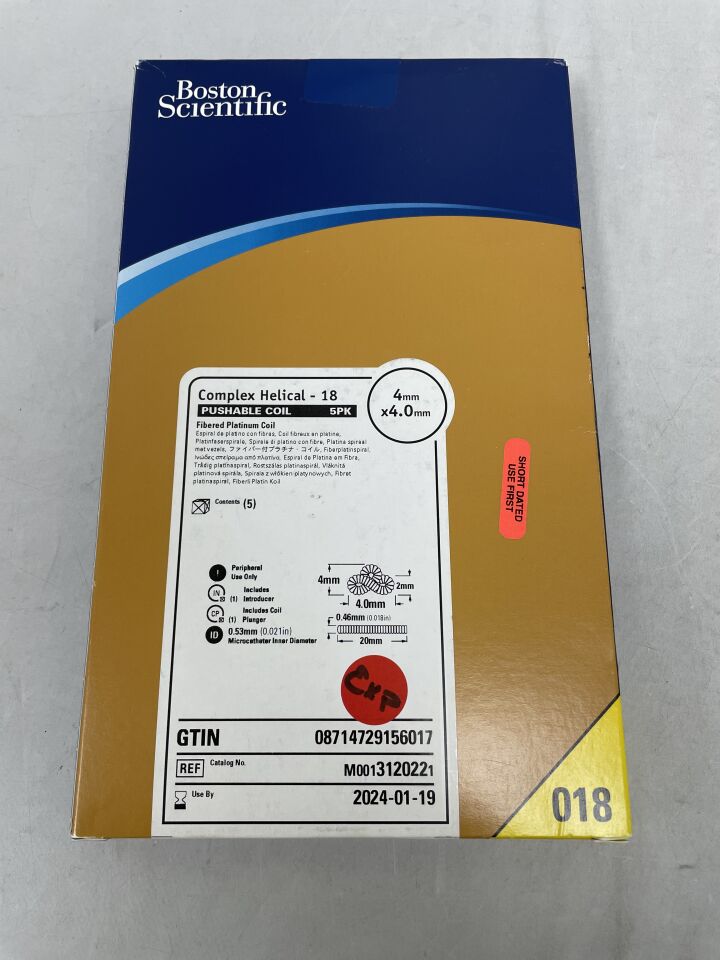 312022 - BOSTON SCIENTIFIC - Complex Helical-18 Fibered Platinum Pushable Coil, 4 mm Maximum Diameter, (BX/5) - ( Expiry Date: 2024-01-19 )