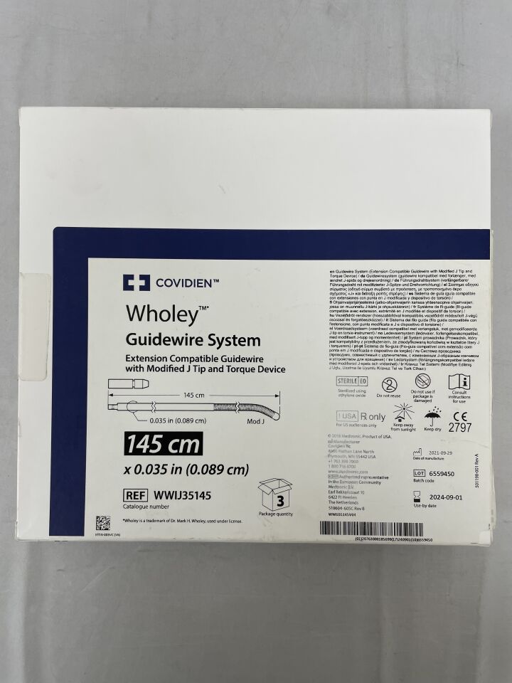 WWIJ35145 - COVIDIEN - Wholey Intermediate Peripheral Interventions Guidewire, 0.035 in. OD x 145 cm Length, (BX/3) - ( Expiry Date: 2024-09-01 )