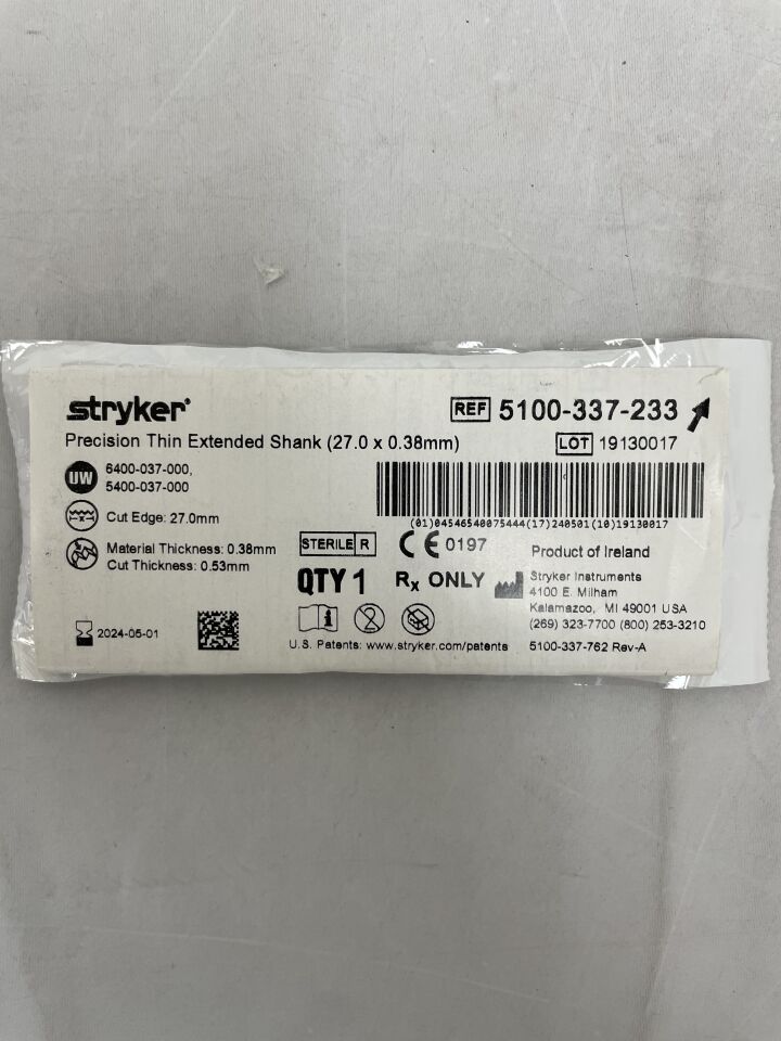 5100-337-233 - STRYKER - Precision Thin Extended Reciprocating Saw Blade, 27 mm Wid, (EA) - ( Expiry Date: 2024-05-01 )