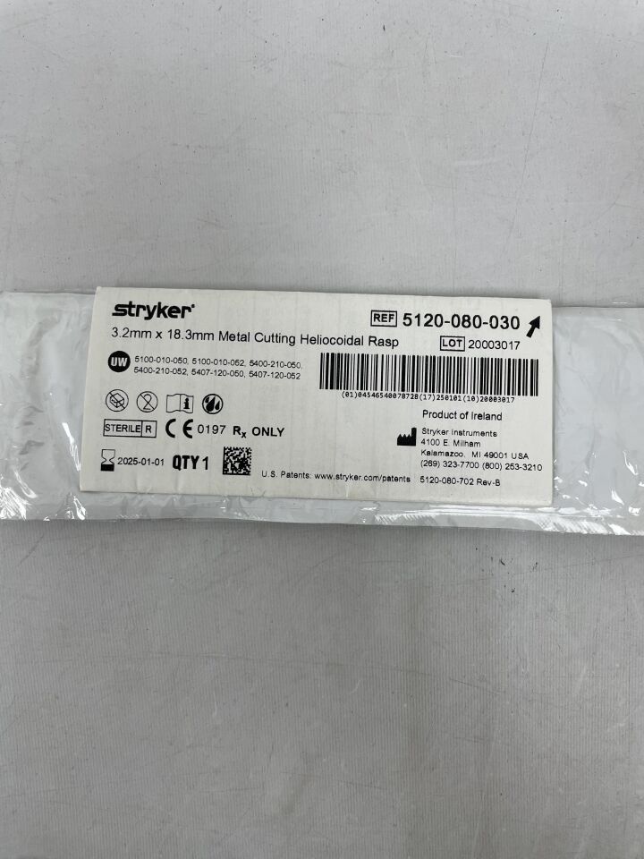 5120-080-030 - STRYKER - Metal Cutting Heliocoidal Rasp, Medium, 3.2 dia. x 18.3 mm, (EA) - ( Expiry Date: 2024-07-01 )