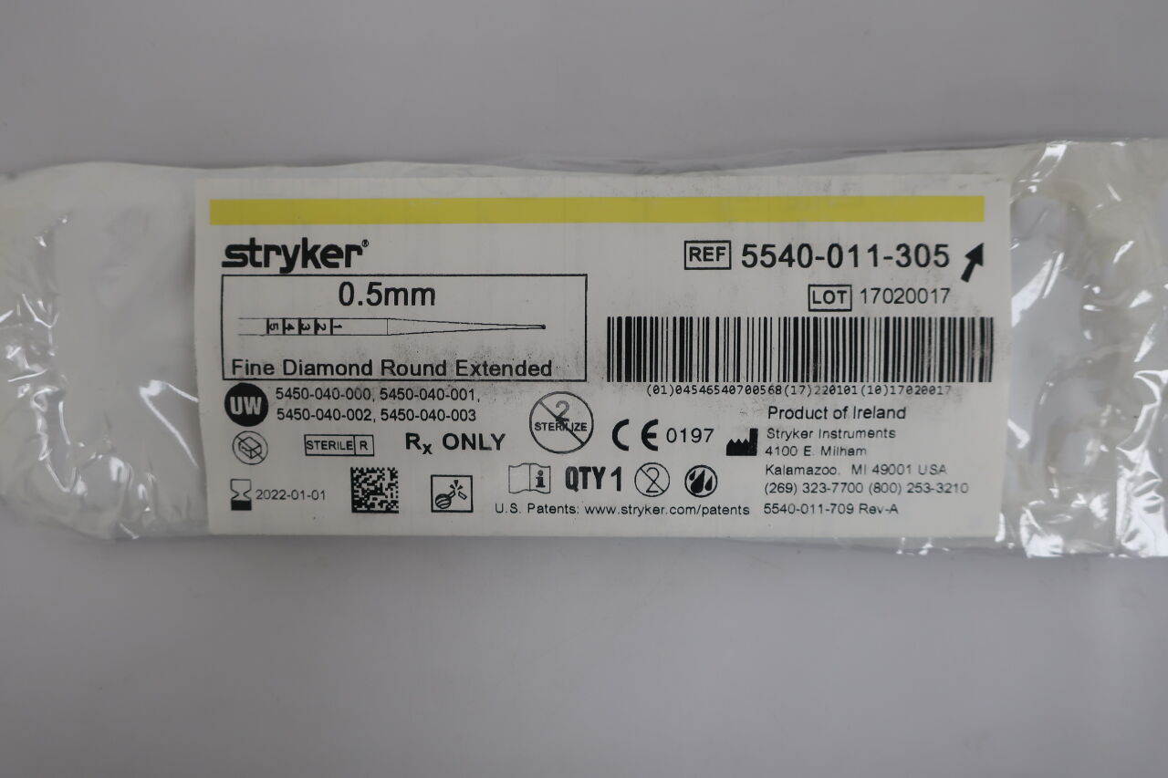 5540-011-305 - STRYKER - Extended Fine Diamond Round Burr, 0.5 mm Head Diameter, () - ( Expiry Date: 2024-06-01 )