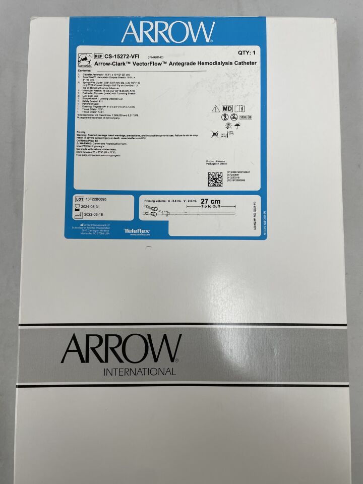 CS-15272-VFI - TELEFLEX - ARROW Vectorflow Catheter Set with Antegrade Radiopaque Polyurethane Catheter, 15 Fr x 27 cm, (BX/1) - ( Expiry Date: 2024-08-31 )