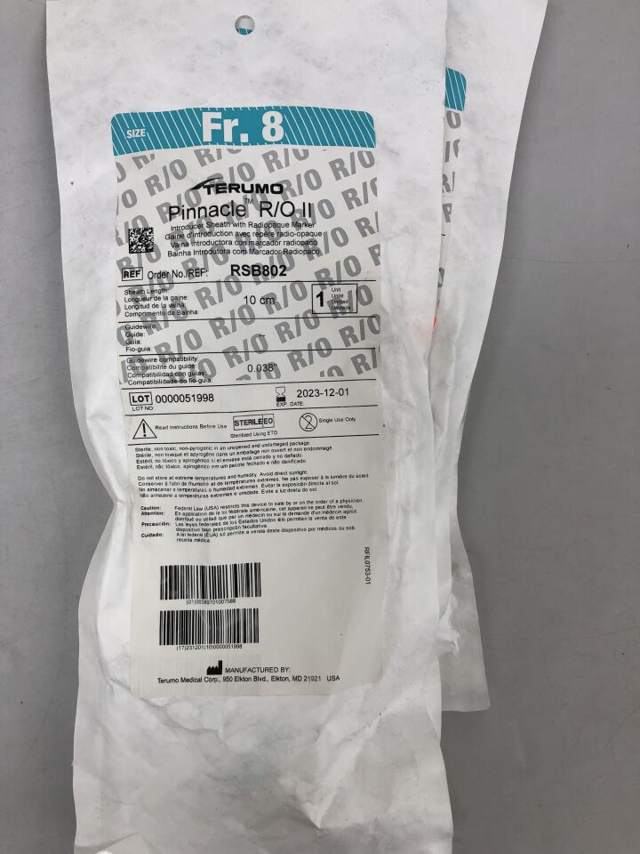 RSB802 - TERUMO - Pinnacle R/O II Introducer Sheath with Radiopaque Marker - 8Fr x 10cm x .038", () - ( Expiry Date: 2020-02-28 )
