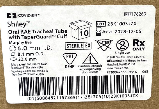 76260 - COVIDIEN - Oral RAE Tracheal Tube with TaperGuard Cuff,Murphy Eye, (BX/10)