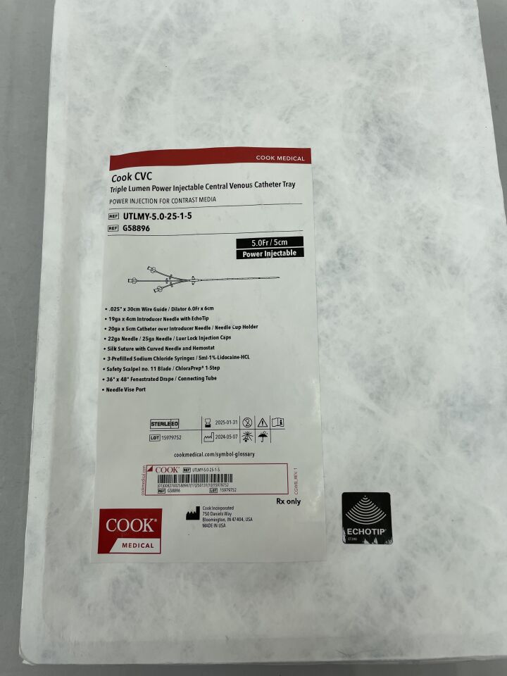 G58896 - COOK - Central Venous Catheter Set, Triple Lumen Polyurethane, 5Fr/5cm, (EA) - ( Expiry Date: 2025-01-31 )
