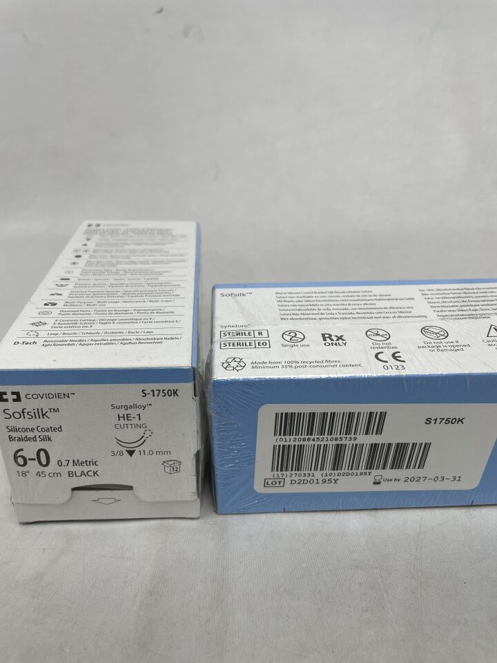 S-1750K - COVIDIEN - 6-0 Medtronic Sofsilk 黑色 18 吋 HE-1 切割刀，雙臂，（BX/12）-（有效期至：2027-03-31）