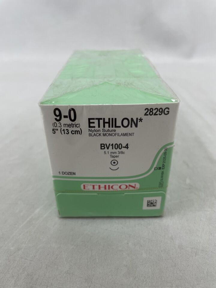 2829G - ETHICON - Ethilon 不可吸收單絲尼龍縫合線，9-0 號，5 英吋長，BV100-4 針，（盒裝/12）-（有效期至：2025-09-30）