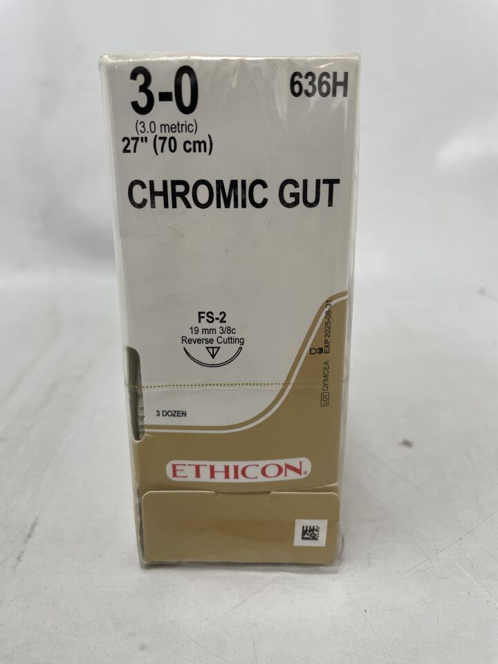 636H - ETHICON - 外科腸線縫合線 - 鉻製，反向切割，可吸收，FS-2 19mm 3/8 圓，鉻製單絲 27" ˜ 70cm，規格：3-0，（盒子/36）-（有效期至：2025-08-31）