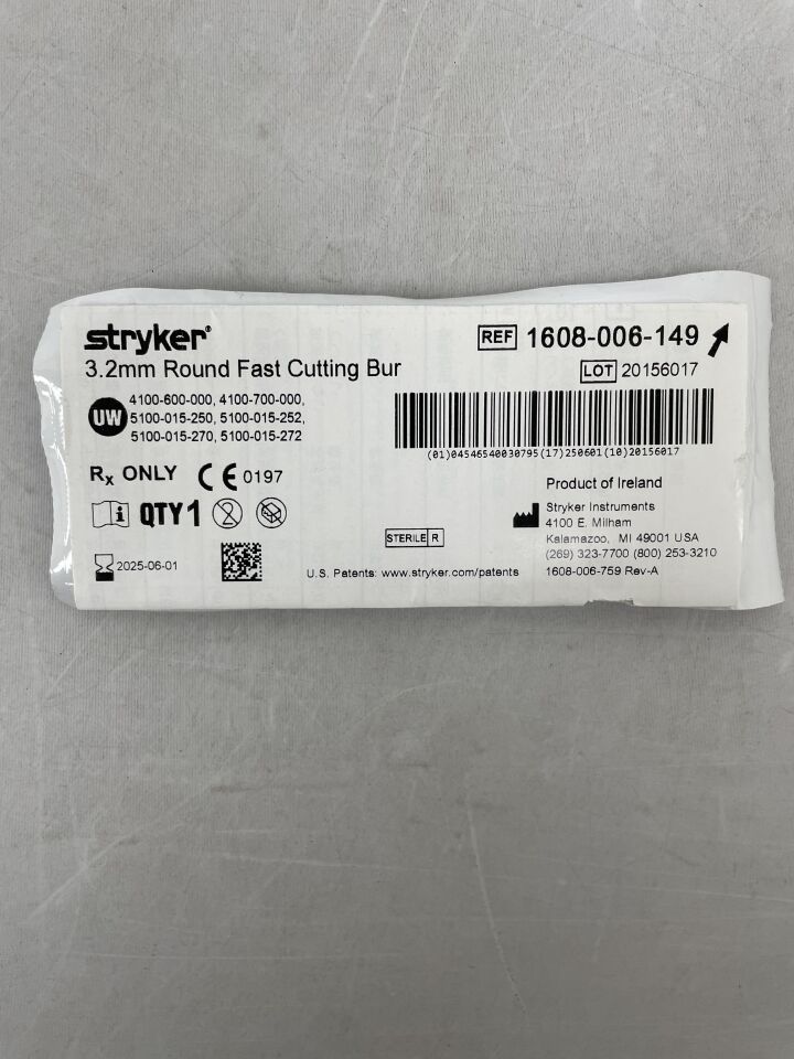 1608-006-149  -  STRYKER  -  Round Stainless Steel Fast Cutting Burr, 3.2 mm Head Diame , ( EA )  -  ( Expiry Date : 2025-06-01 )